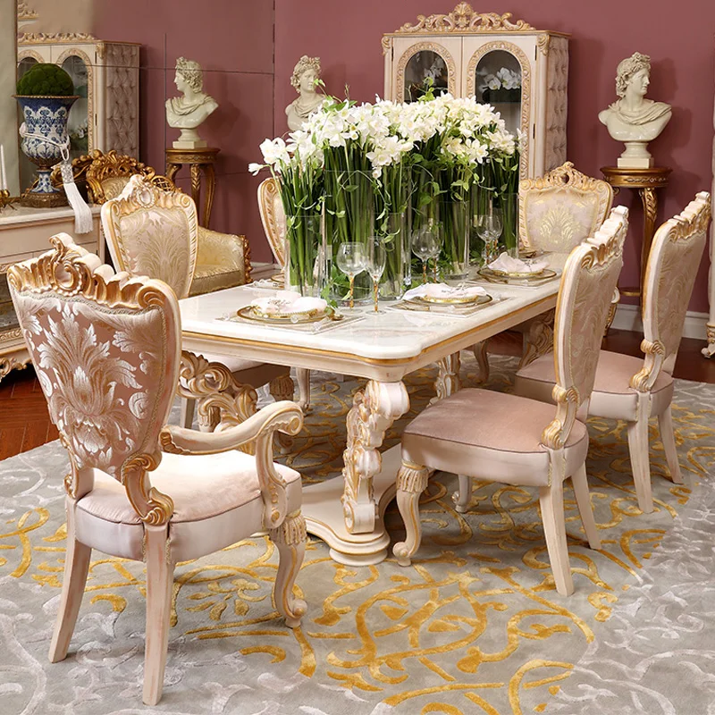 Европейский столик с резным цветком из массива дерева, обеденный стул из ткани для виллы, стол и стул для французского ресторана, комбинация по индивидуальному заказу Изображение 0