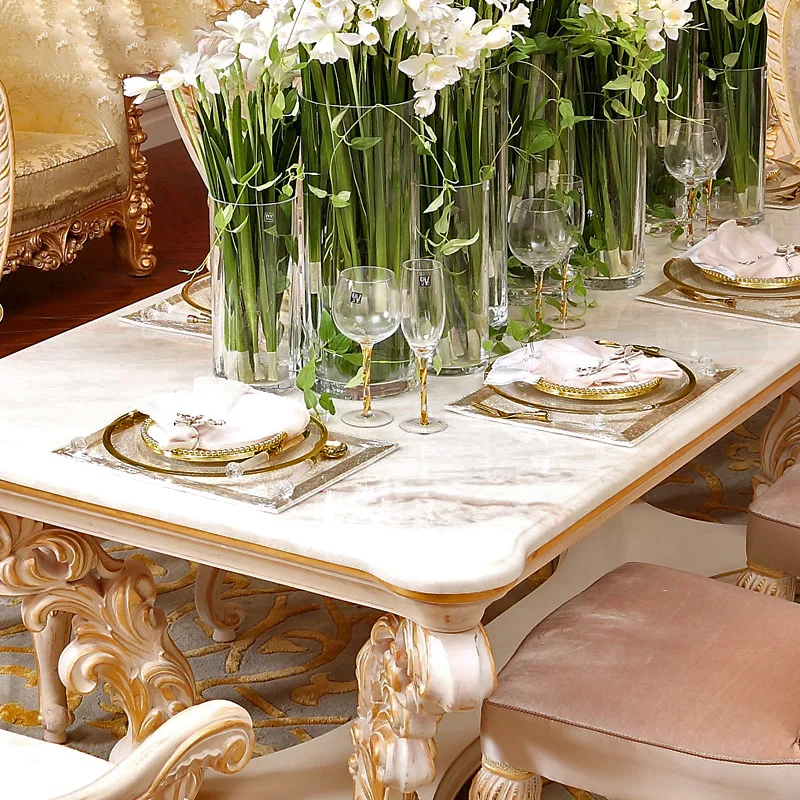 Европейский столик с резным цветком из массива дерева, обеденный стул из ткани для виллы, стол и стул для французского ресторана, комбинация по индивидуальному заказу Изображение 1