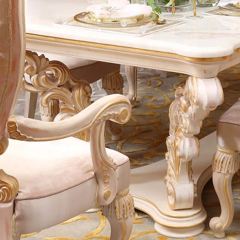 Европейский столик с резным цветком из массива дерева, обеденный стул из ткани для виллы, стол и стул для французского ресторана, комбинация по индивидуальному заказу Изображение 2