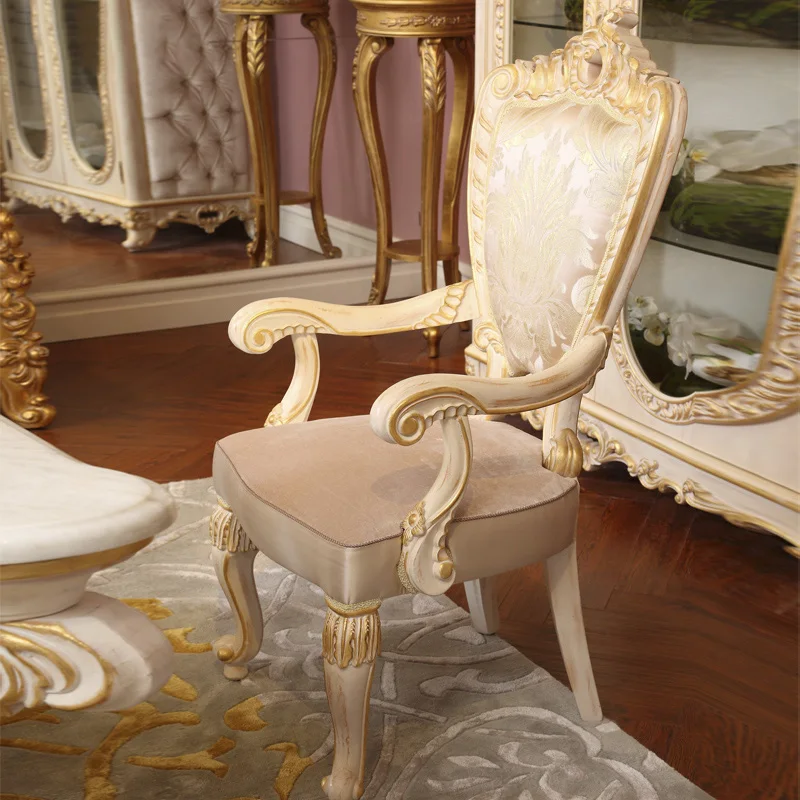 Европейский столик с резным цветком из массива дерева, обеденный стул из ткани для виллы, стол и стул для французского ресторана, комбинация по индивидуальному заказу Изображение 3