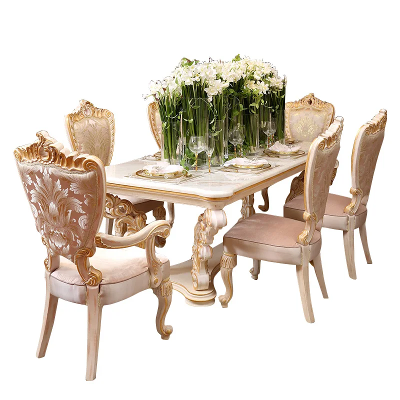 Европейский столик с резным цветком из массива дерева, обеденный стул из ткани для виллы, стол и стул для французского ресторана, комбинация по индивидуальному заказу Изображение 4